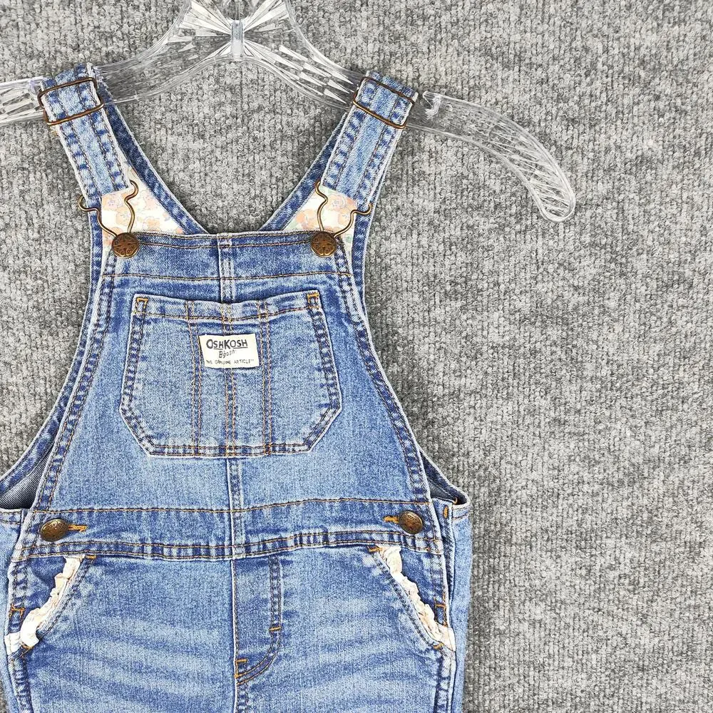OshKosh B'gosh Overalls Girls Toddler 4T Light Wash Denim Floral Ruffle Pockets